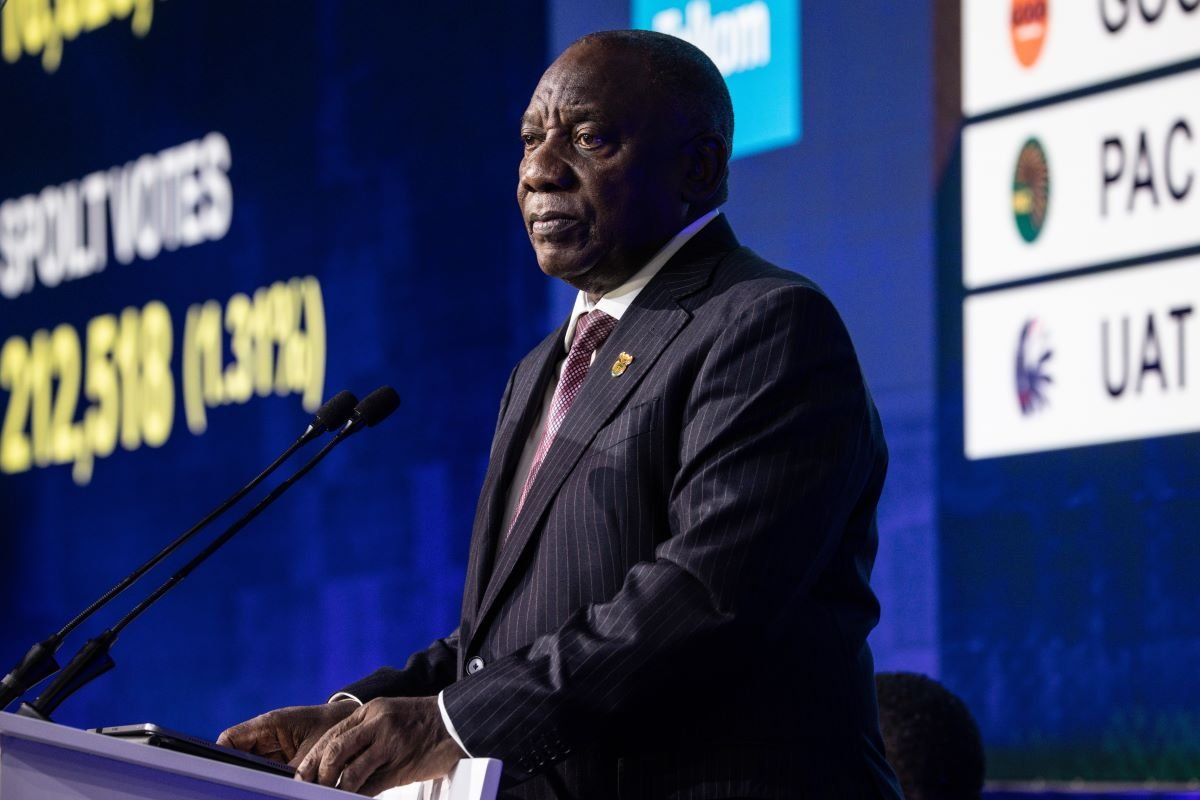 A photo of South African President, Cyril Ramaphosa speaking to the audience during the official election results announcement ceremony at the IEC National Results Center on June 02, 2024 in Johannesburg, South Africa. 