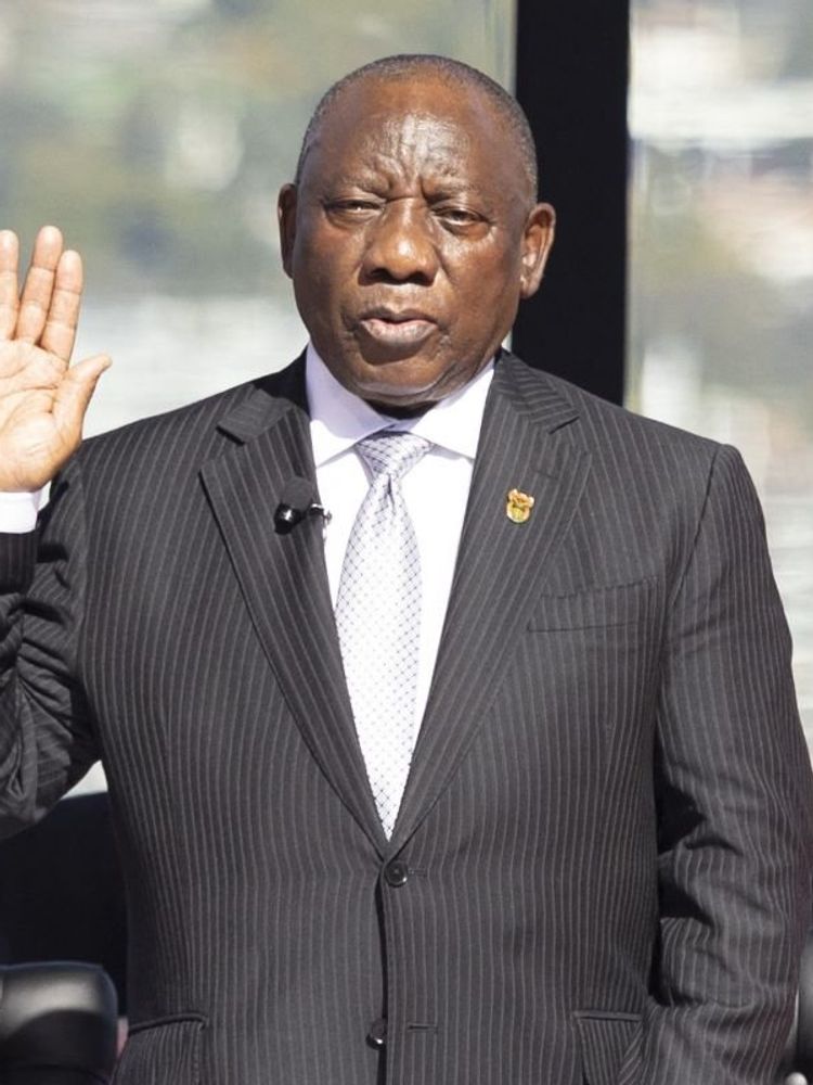 A photo of South Africa’s President Cyril Ramaphosa taking the oath of office for his second term at the Union Buildings in Pretoria on June 19, 2024.