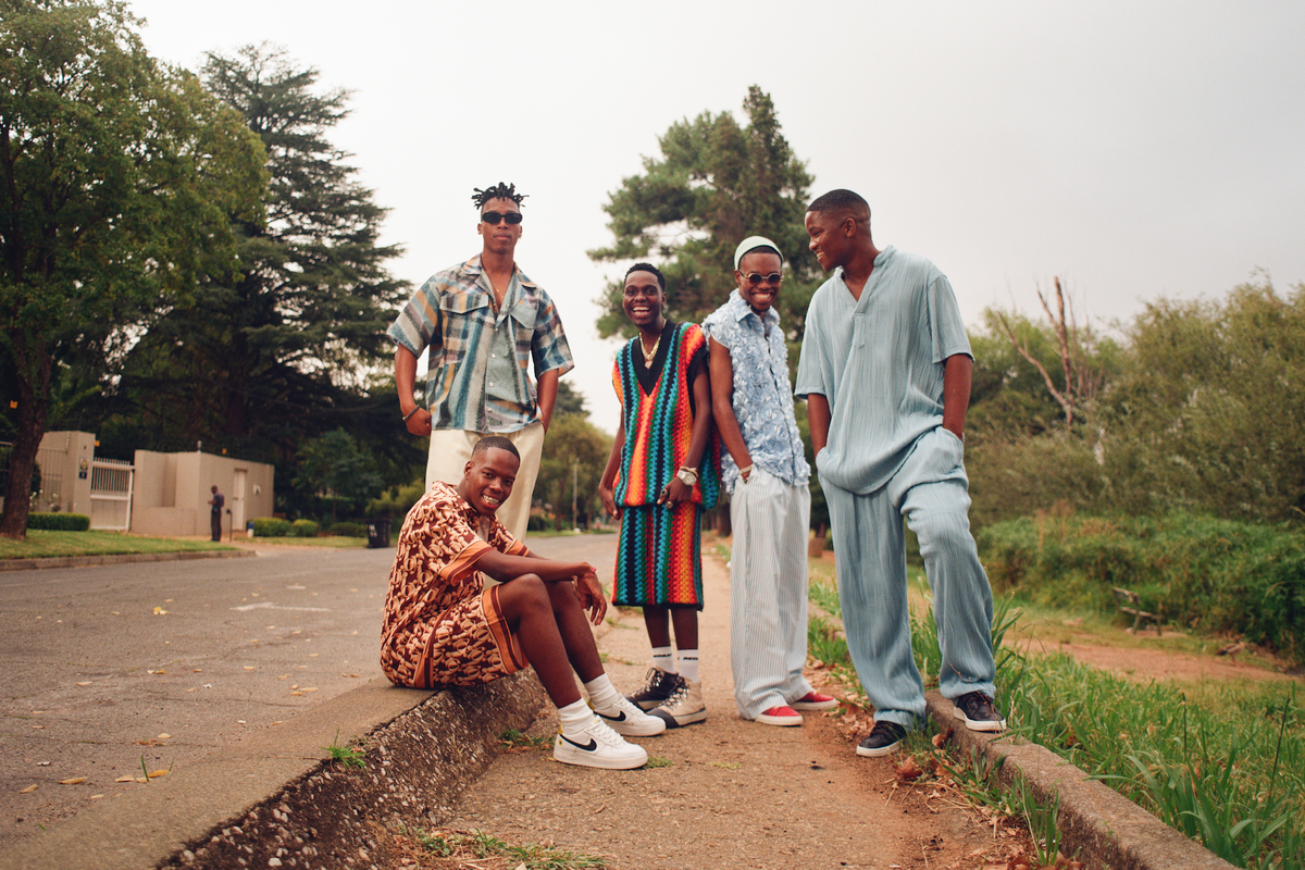 A photo showing the five members of South African music group, The Joy.