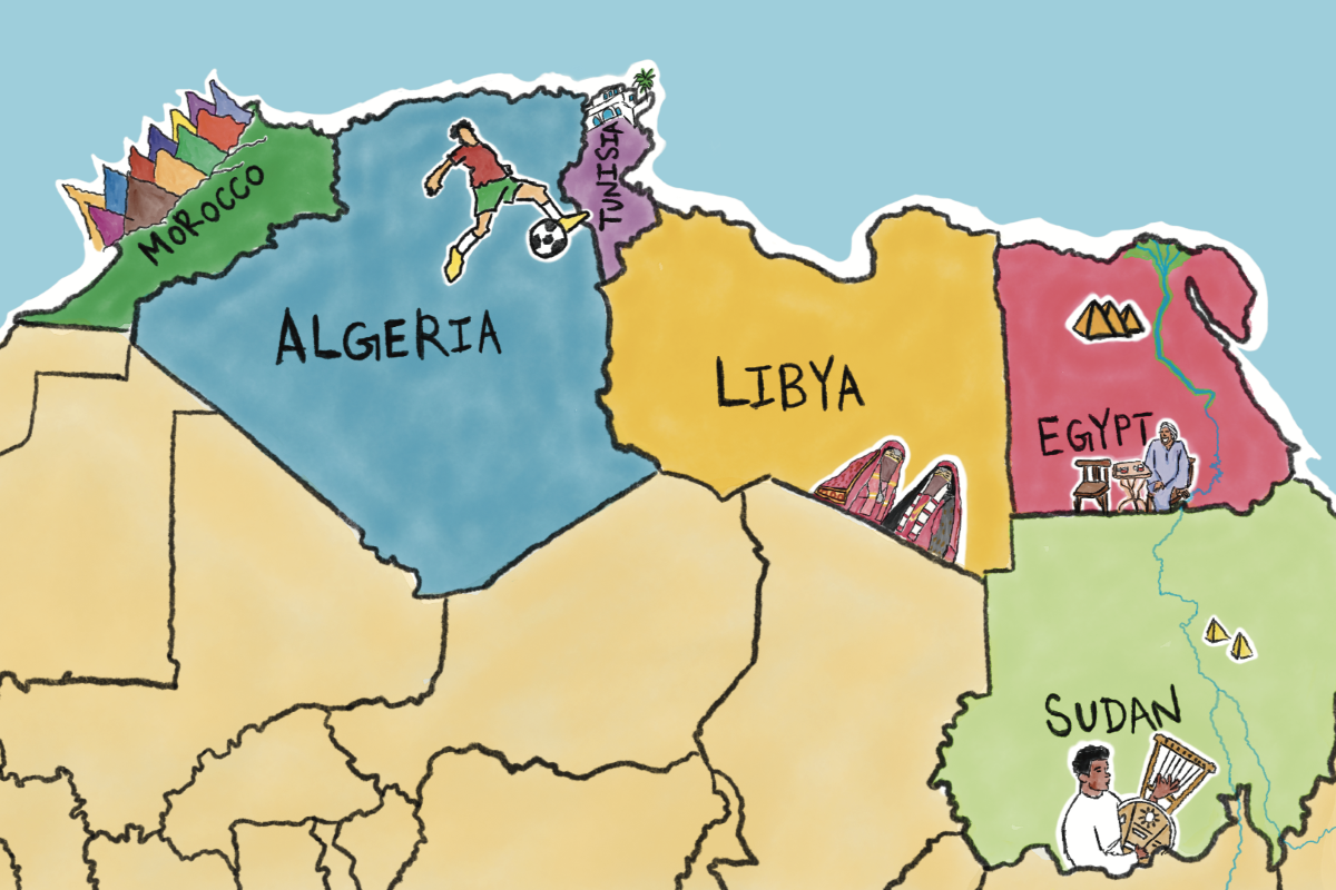 Illustrated map of North Africa that has known landmarks and cultural features drawn onto their respective countries.