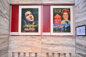 A film poster for the Egyptian film 'Fatma' (L) starring Umm Kulthum considered the greatest Arab singer of all time was designed by poster artist Wahid Fahmi and the Lebanese film 'Oriental Nights' (R) starring Lebanese singer, actress and dancer Sabah at the state of the art Qatar National Library, a non-profit organization under the Qatar Foundation for Education, Science and Community Development, that was inaugurated by His Highness Sheikh Tamim Bin Hamad Al Thani, the Emir of Qatar, on 16 April 2018.