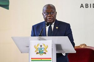 Ghanean President Nana Akufo-Addo delivers his remarks at the Presidential Palace in Abidjan during the 1st summit of the Heads of State of the Strategic Partnership Agreement (SPA) between Ivory Coast and Ghana on October 11, 2024.