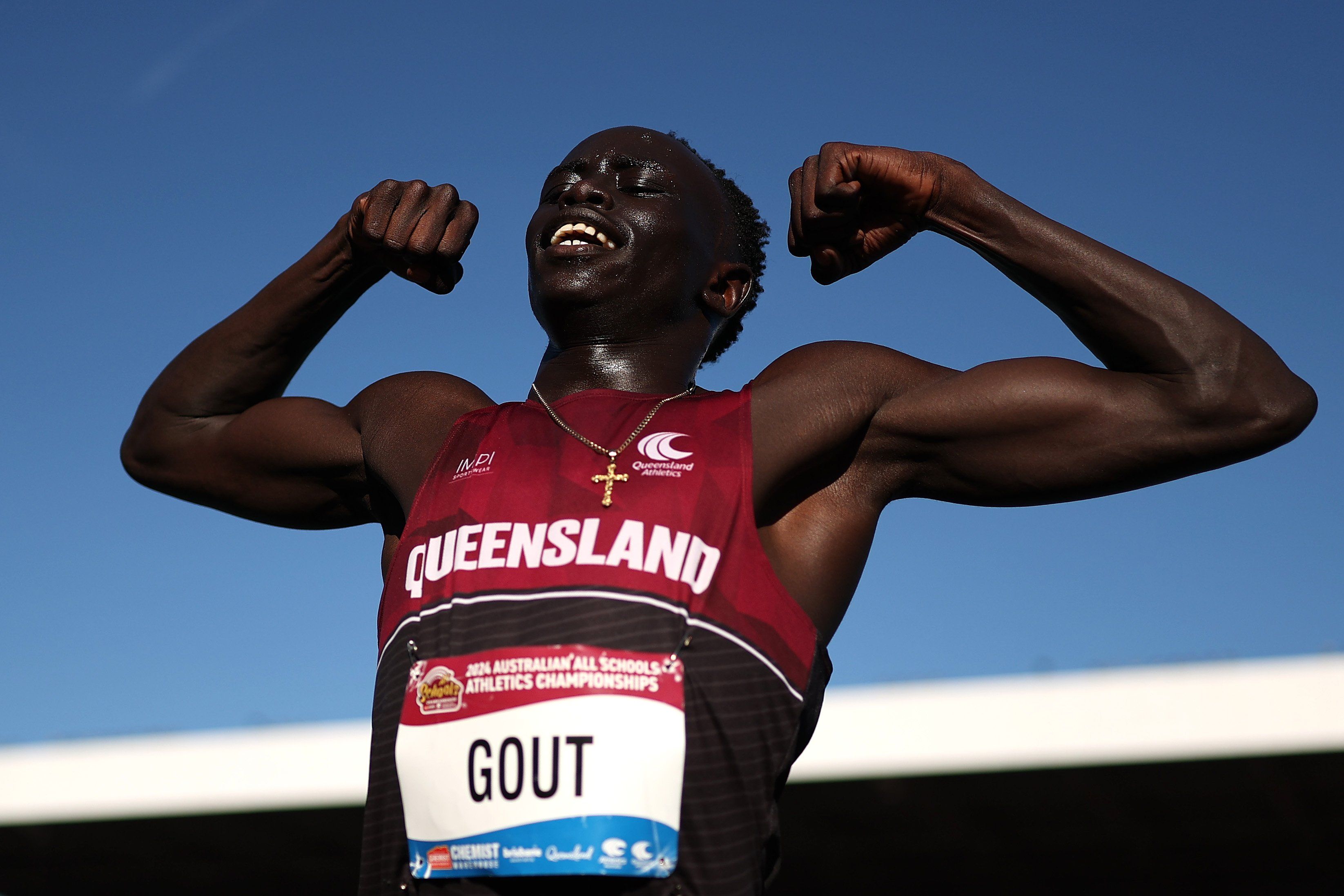 Gout Gout celebrates winning the Boys' U18 200m Final