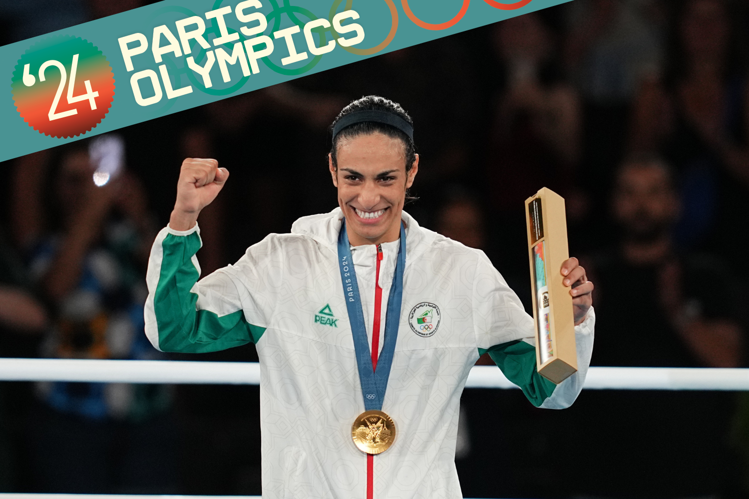 Imane Khelif of Algeria celebrates gold after beating Liu Yang of People's Republic of China during the women's Boxing 66kg final on Day 14 of the Olympic Games Paris 2024 at Roland-Garros Stadium on August 9, 2024 in Paris, France.