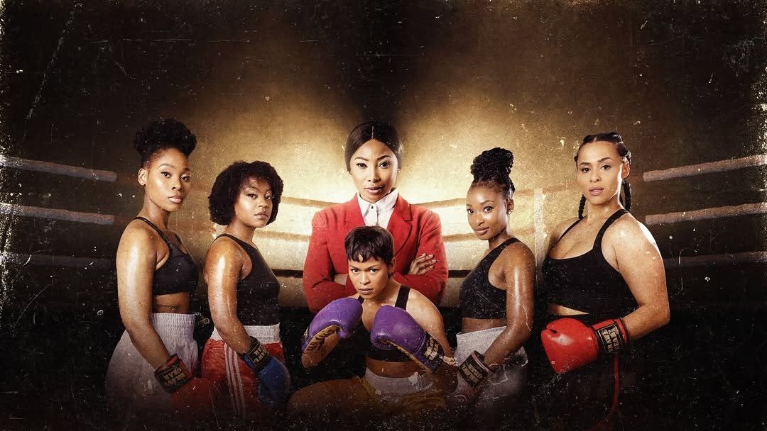 Promotional image for 'Pound 4 Pound' TV series showing six women in a boxing ring - one in a red blazer overseeing five boxers in fighting gear with gloves.