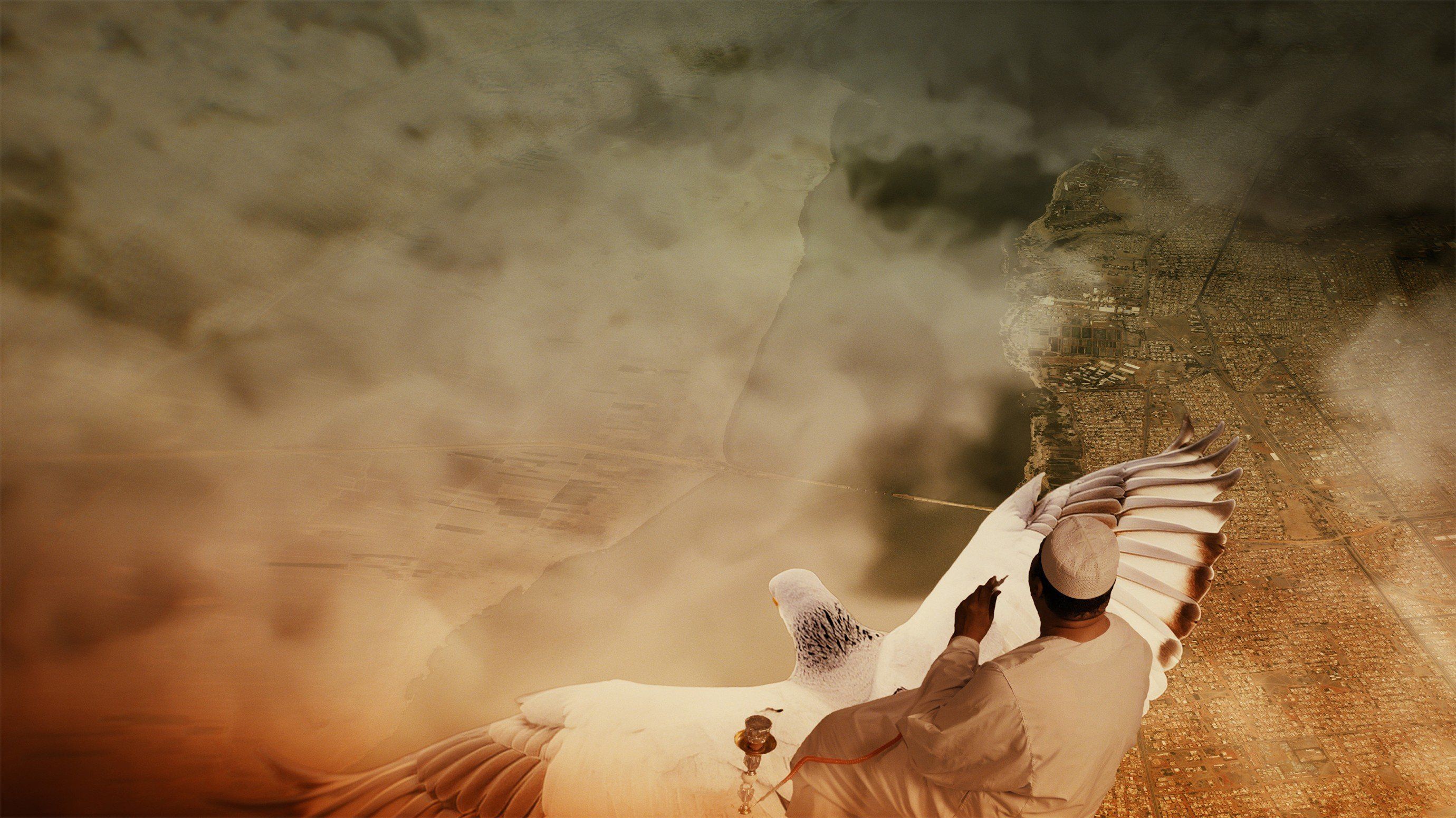 Man riding a giant white bird over a dreamy sepia-toned aerial cityscape.