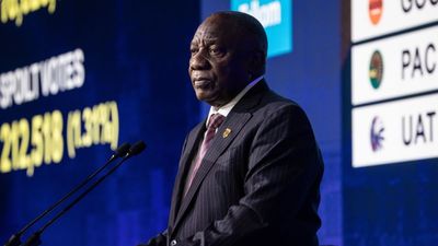 A photo of South African President, Cyril Ramaphosa speaking to the audience during the official election results announcement ceremony at the IEC National Results Center on June 02, 2024 in Johannesburg, South Africa. 