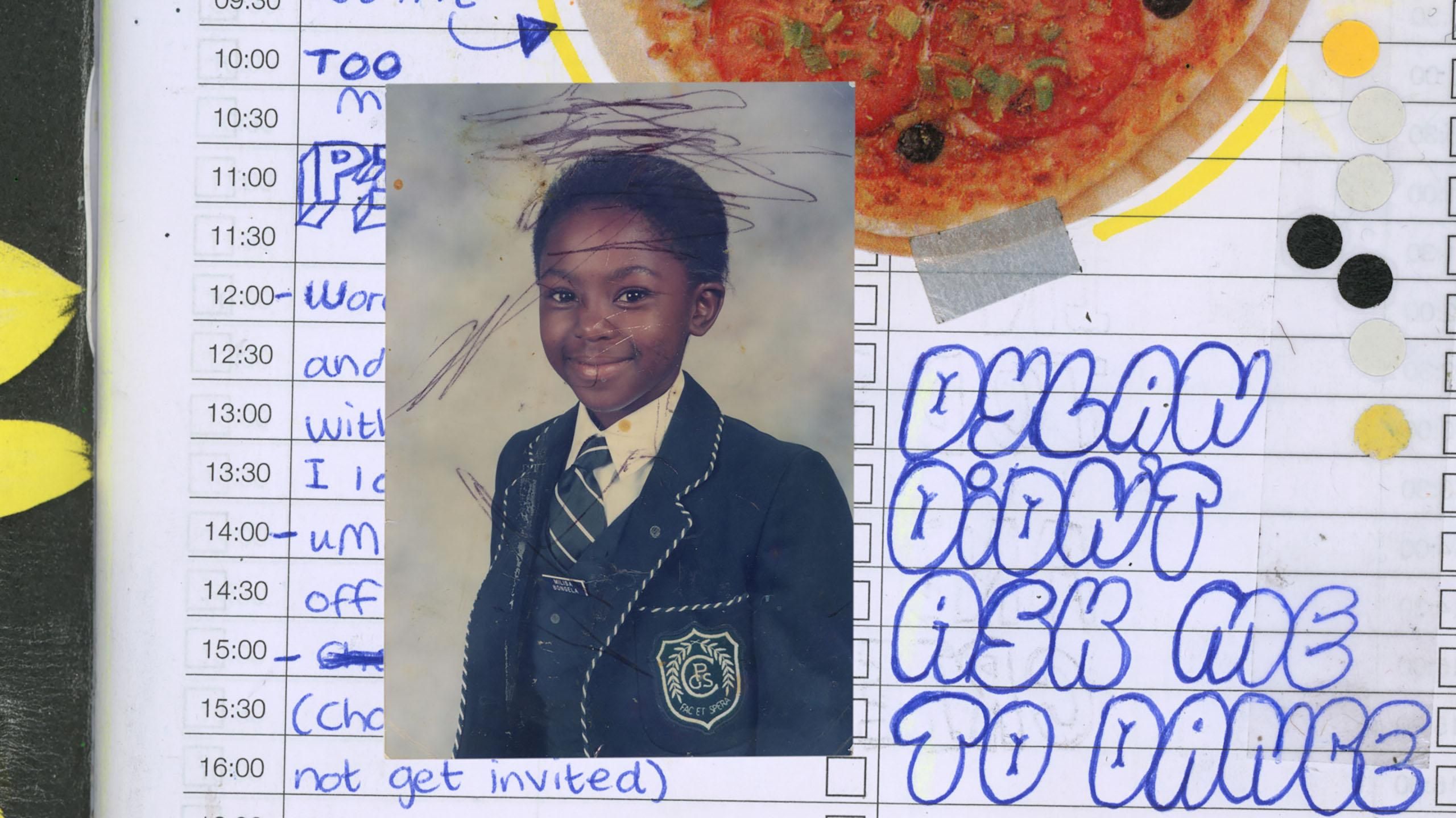 A photo of a young girl in school uniform, imposed on a diary entry. 