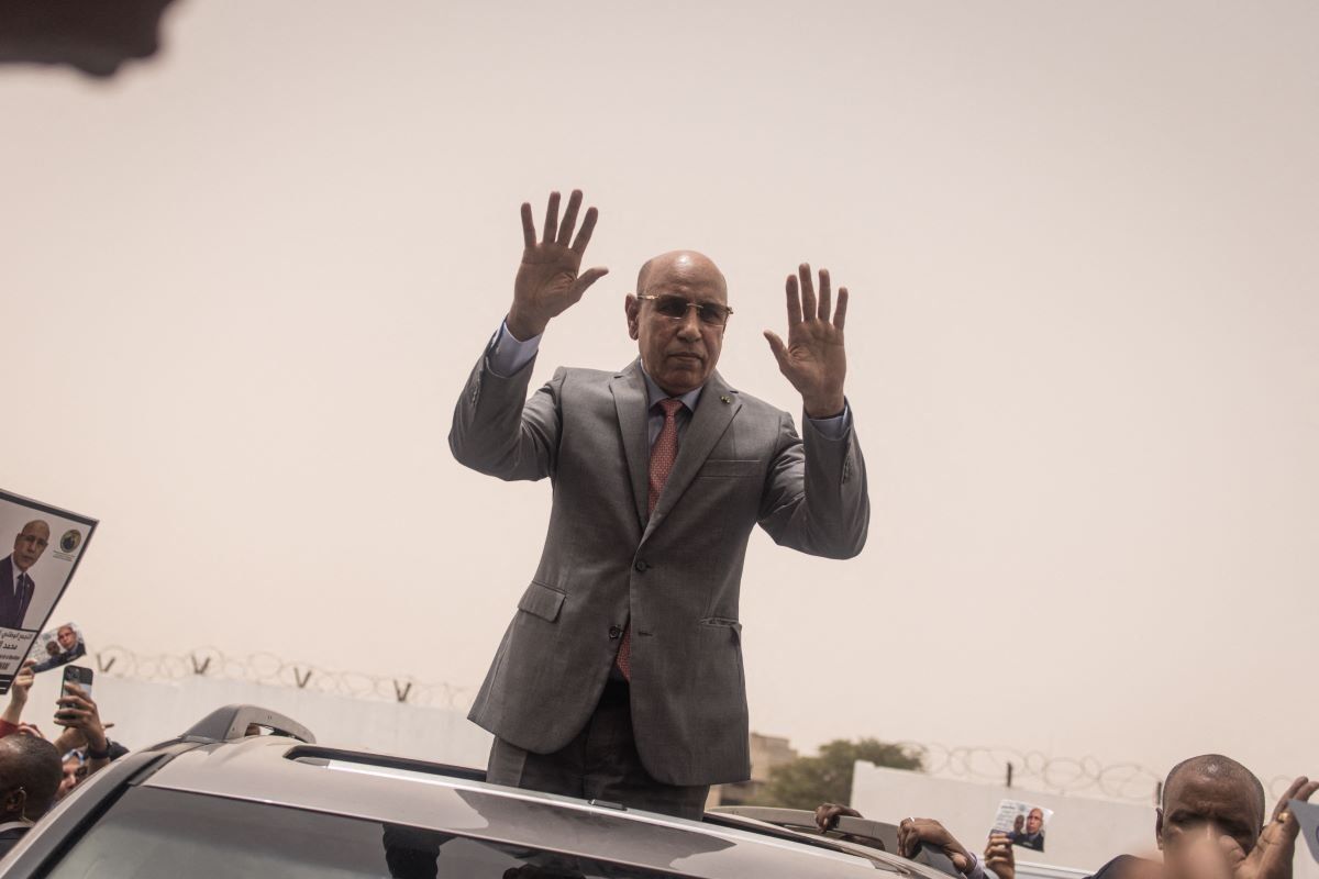 President of Mauritania and leader of the Union for the Republic, Mohamed Ould Cheikh El Ghazouani waves to supporters celebrating his reelection in Nouakchott on July 01, 2024.