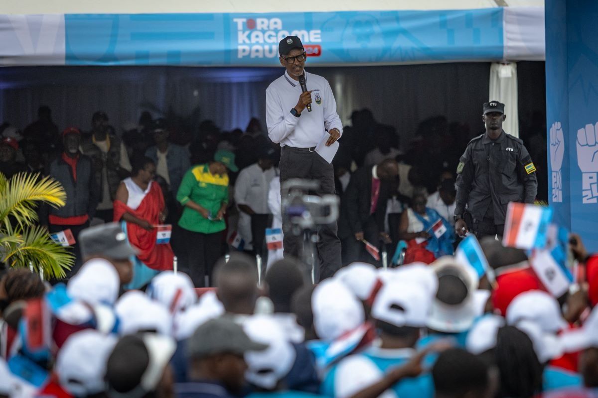 Rwandan President Paul Kagame speaks during a Rwanda Patriotic Front (FPR) kick-off rally, in Musanze on June 22, 2024.